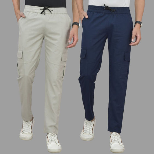 Combo of 2 Four Pocket Cargo Pants Grey & Blue